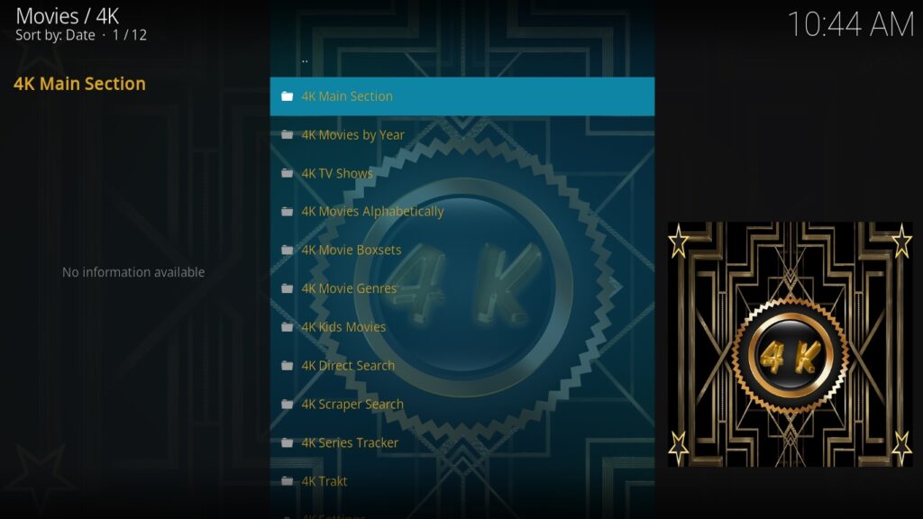 4K Kodi Addon Main Menu