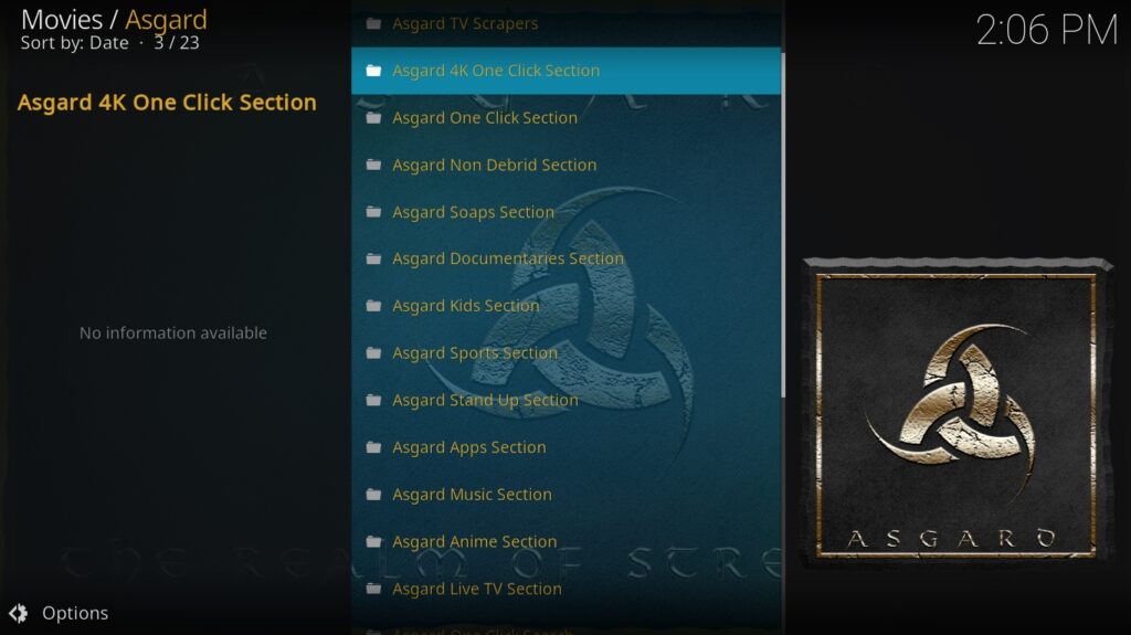 Asgard Kodi Addon Main Menu