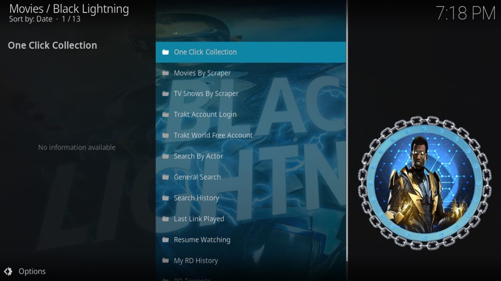 Black Lightning Kodi Addon Main Menu