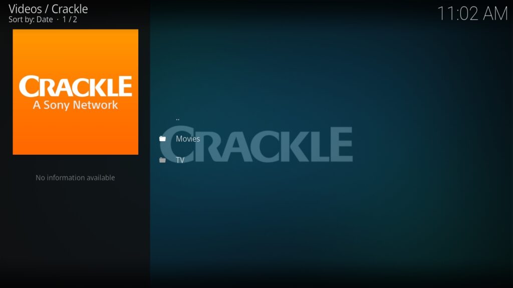 Crackle Kodi Addon Main Menu