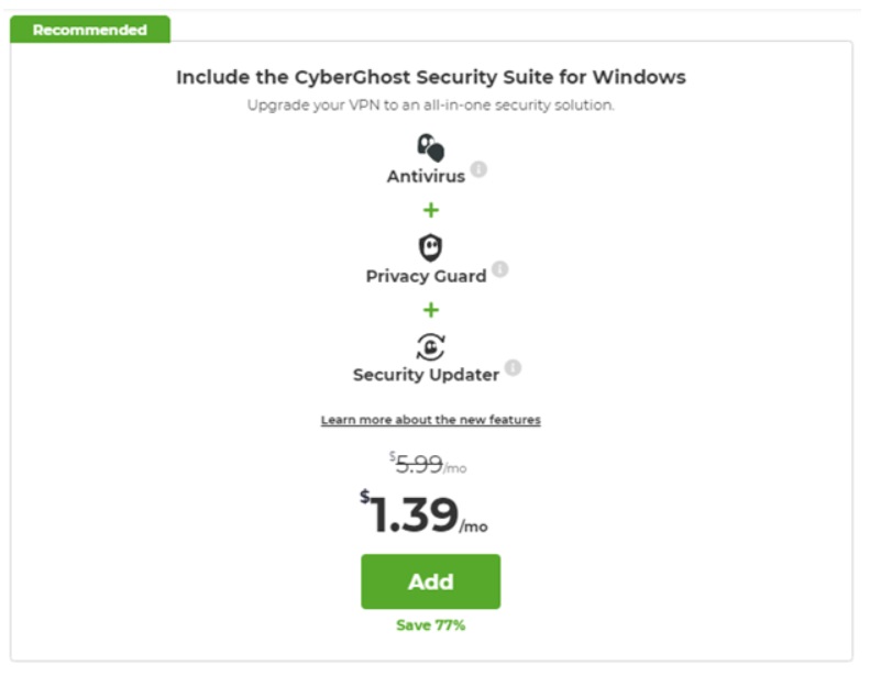 CyberGhost Security Suite For Windows add-on provides antivirus, privacy guard and security updater for $1.39 per month