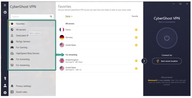 CyberGhost VPN Favorites setting for frequently used locations also indicates best servers for streaming BBC iPlayer and Netflix