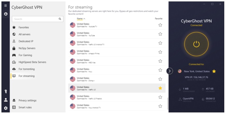 Connected CyberGhost VPN to the US server will also indicate that it is optimized for Netflix streaming