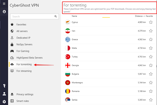 CyberGhost dashboard includes a For Torrenting settings option