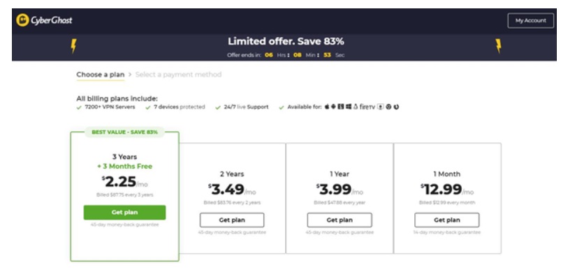 CyberGhost's 2021 pricing plans - $2.25 per month for 3 years plus 3 months free, $3.49 per month for 2 years, $3.99 per month for 1 year and $12.99 monthly 
