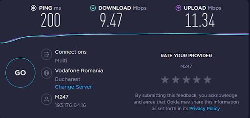 CyberGhost speed test results - 9.47 Mbps download, 11.34 Mbps upload