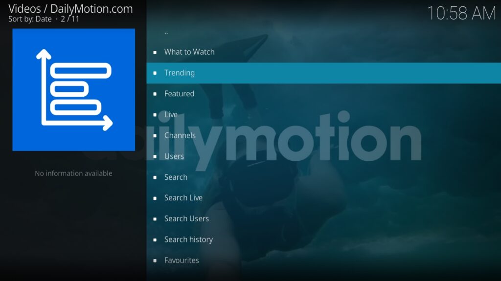 DailyMotion Kodi Addon Main Menu