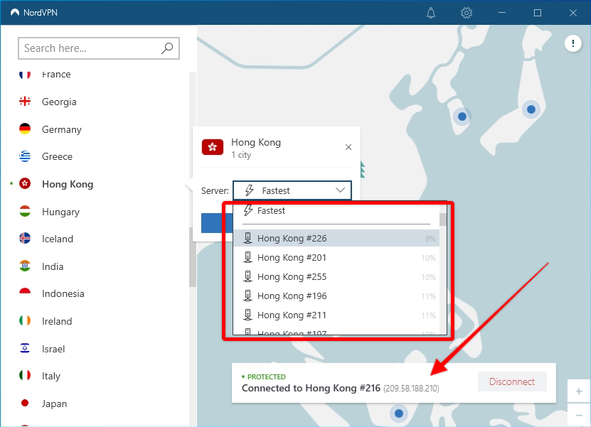 NordVPN connected to Hong Kong servers