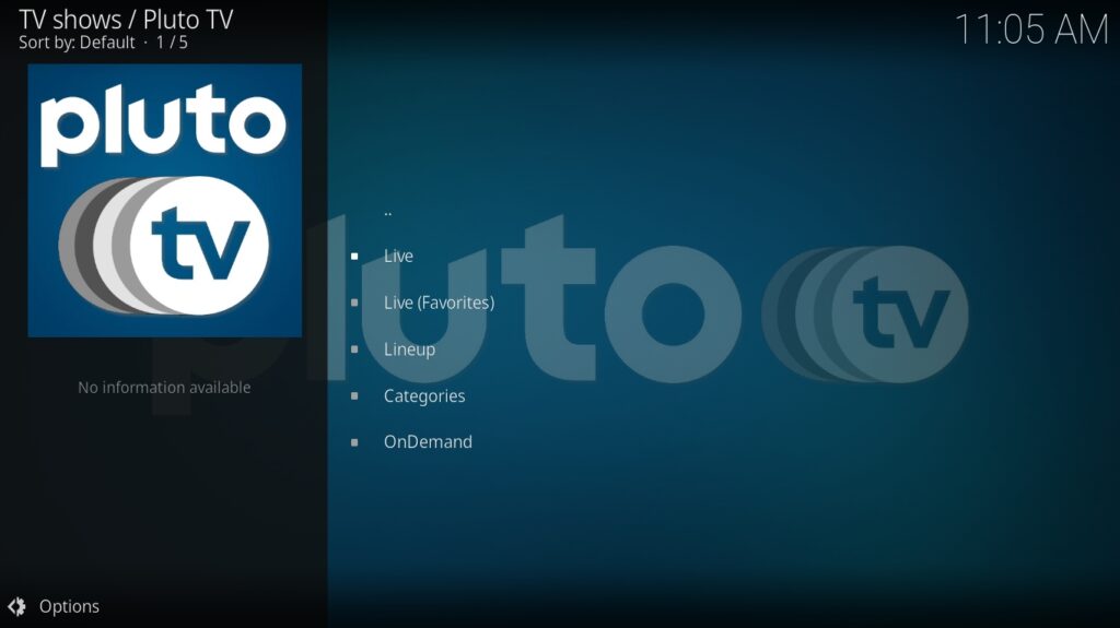 Pluto TV Kodi Addon Main Menu