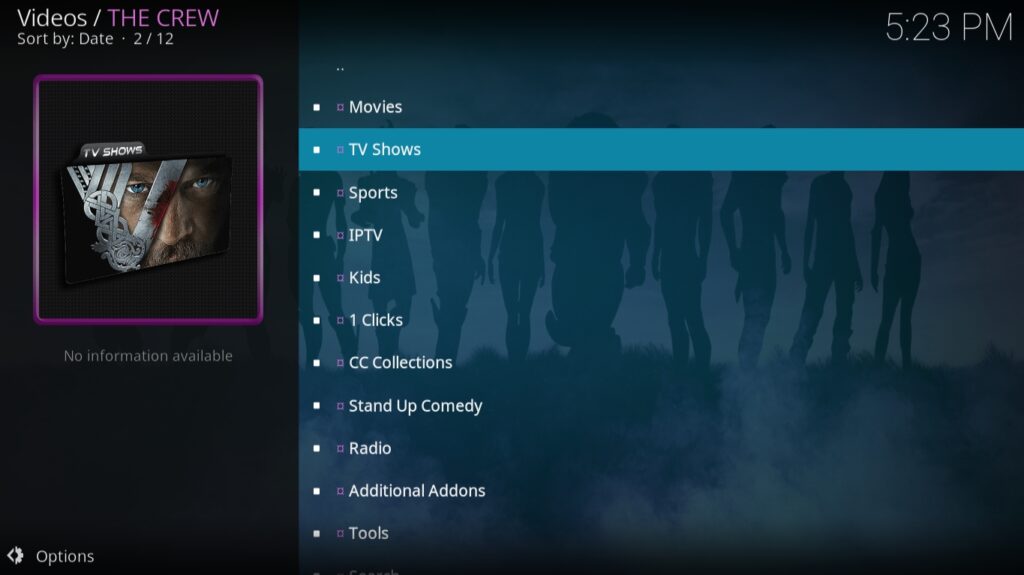 The Crew Kodi Addon Main Menu on Kodi 18