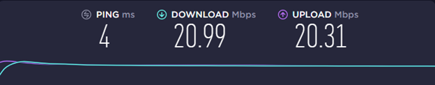 A speed test without a VPN connection shows 20.99 Mbps download and 20.31 Mbps upload speeds