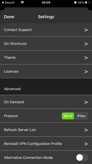 IPVanish iOS app dashboard settings include Contact Support, Siri Shortcuts, Theme and Licenses. Advanced options include On Demand, Protocol, Refresh Server Lost, Reinstall VPN Config Profile and an Alternative Connection Mode switch.