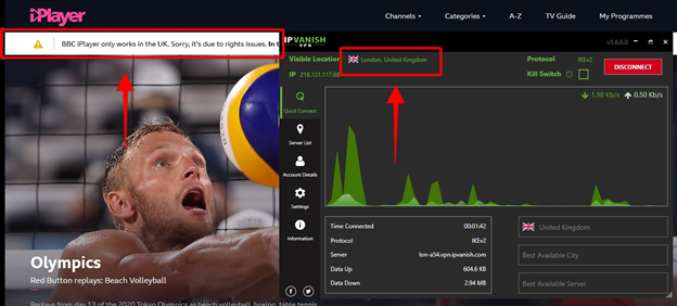 BBC iPlayer is blocked despite IPVanish's dashboard showing the user being connected to their UK server
