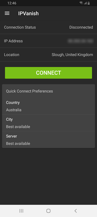 Dashboard of IPVanish app for Android shows a user's Connection Status, IP Address and Location followed by a big CONNECT button and Quick Connect Preferences by Country, City and Server.