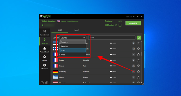 IPVanish user dashboard shows your location and connection status; the Connect button on the top right with the Protocol indicator (IKEv2) and Kill Switch option beside it; navigation includes Quick Connect, Server List, Account Details and Settings; connection details and menus for Best Available Country and City are also visible.