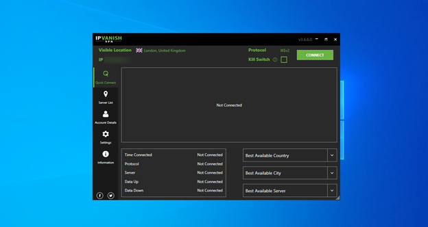 IPVanish user dashboard shows your location and connection status; the Connect button on the top right with the Protocol indicator (IKEv2) and Kill Switch option beside it; navigation includes Quick Connect, Server List, Account Details and Settings; connection details and menus for Best Available Country and City are also visible.