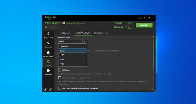 Settings option on IPVanish dashboard includes a Connection submenu to choose OpenVPN, IKEv2, L2TP, SSTP or PFTP