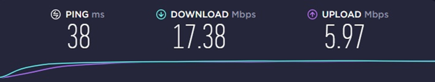 A speed test with a VPN connection in the user's own country shows 17.38 Mbps download and 5.97 Mbps upload speeds