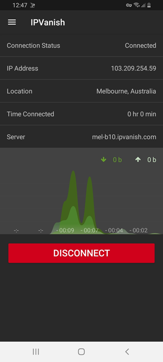 IPVanish app when connected to the VPN shows the user's status, IP address, location, time connected, server and a graph of connection speed.