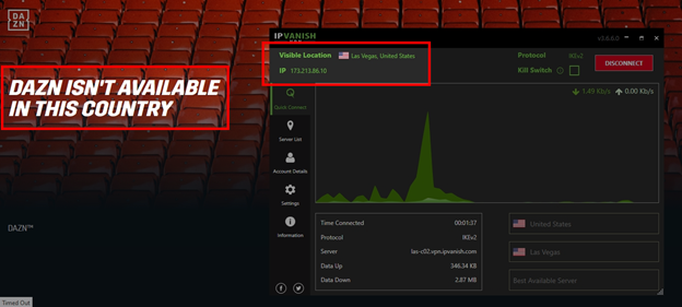 The IPVanish dashboard shows a user is connected to their Las Vegas US server but still blocked by DAZN