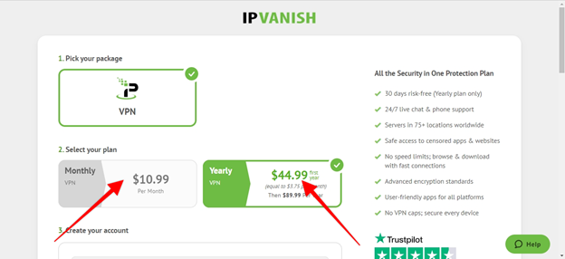 IPVanish subscription process: choose your package then select between $10.99 monthly and $44.99 yearly plans