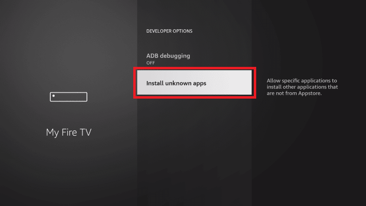 The Amazon Firestick Developer Options menu with Install unknown apps highlighted