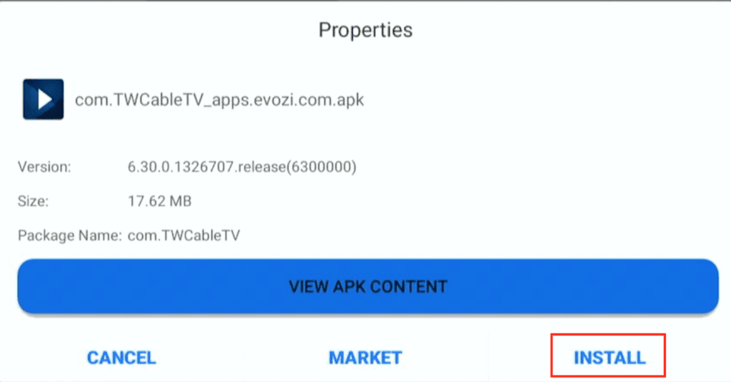 ES File Explorer file properties menu with the Install function highlighted