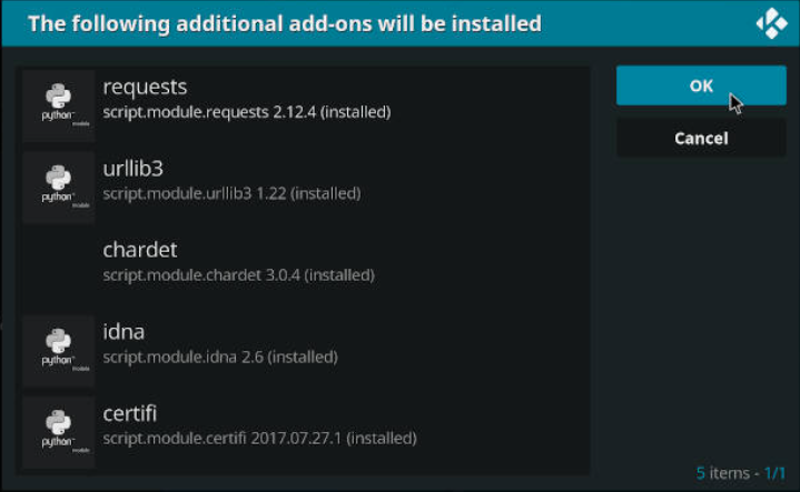 Kodi Additional Add-ons okay highlighted