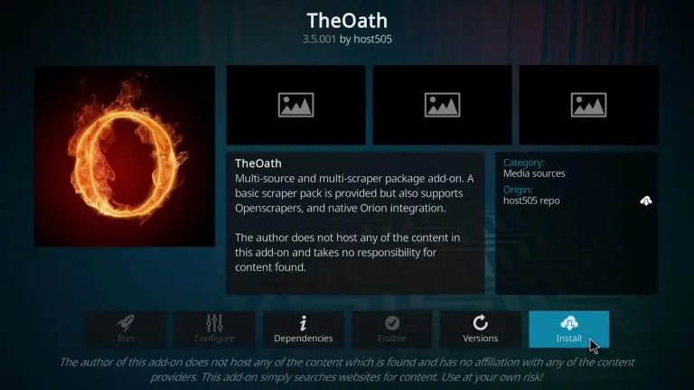 Kodi Add-ons The Oath install button highlighted