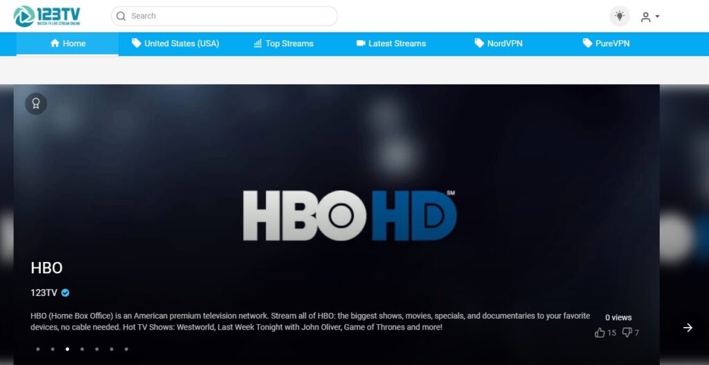 123TV home page features the HBO HD channel