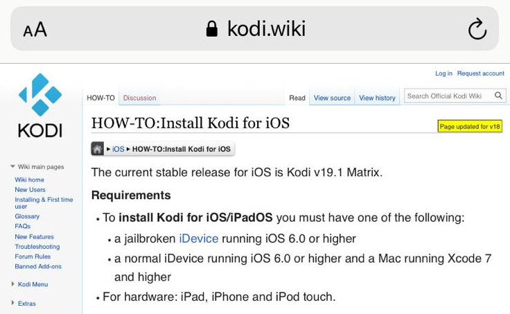 A screenshot of Kodi Wiki for installing Kodi on iOS