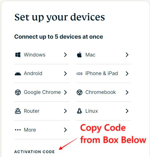 Activation code located just below the section labeled ‘Set up your devices’