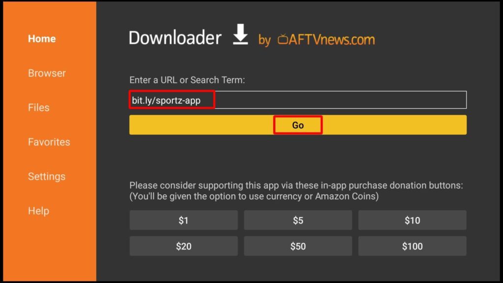 Adding Sportz TV URL on Downloader