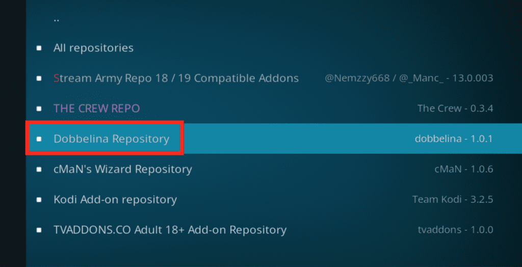 All repositories menu with Dobbelina Repository highlighted