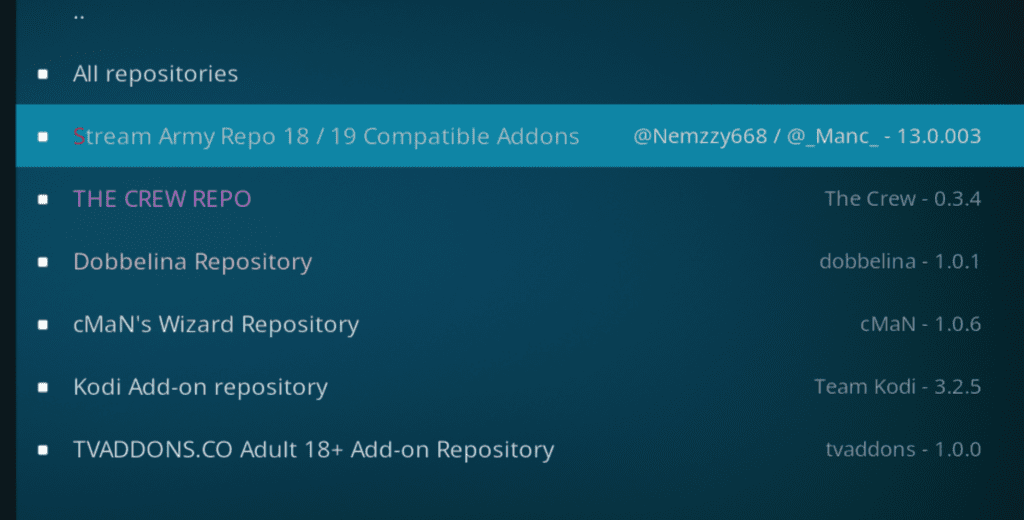 All repositories menu with StreamArmy Repo highlighted