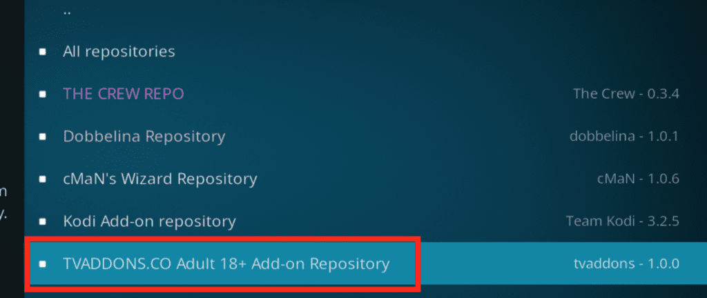 All repositories menu with TVADDONS.CO Adult 18+ Add-on Repository highlighted