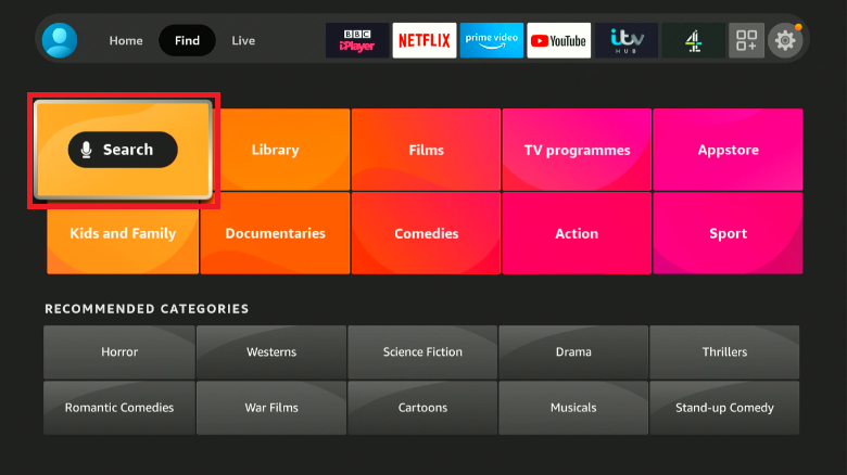 Amazon Firestick Find menu with Search highlighted