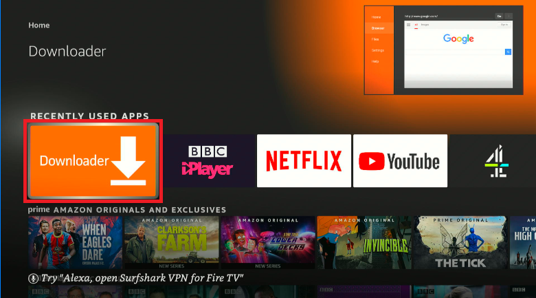 Amazon Firestick Home menu with Downloader highlighted