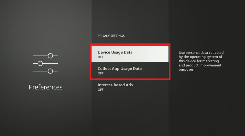 Amazon Firestick Privacy Settings menu with Device Usage Data and Collect App Usage Data highlighted