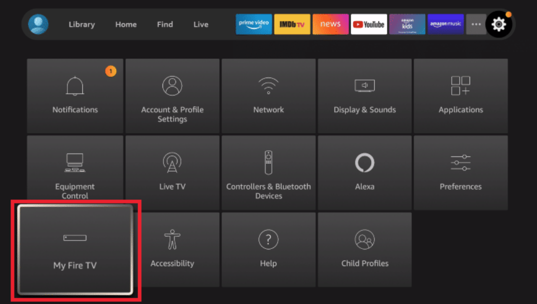 Amazon Firestick Settings menu with My Fire TV highlighted