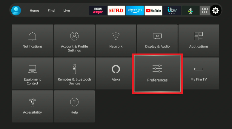 Amazon Firestick Settings menu with Preferences highlighted