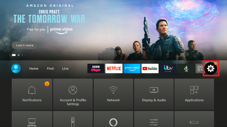 Amazon Firestick Settings menu with Settings icon highlighted