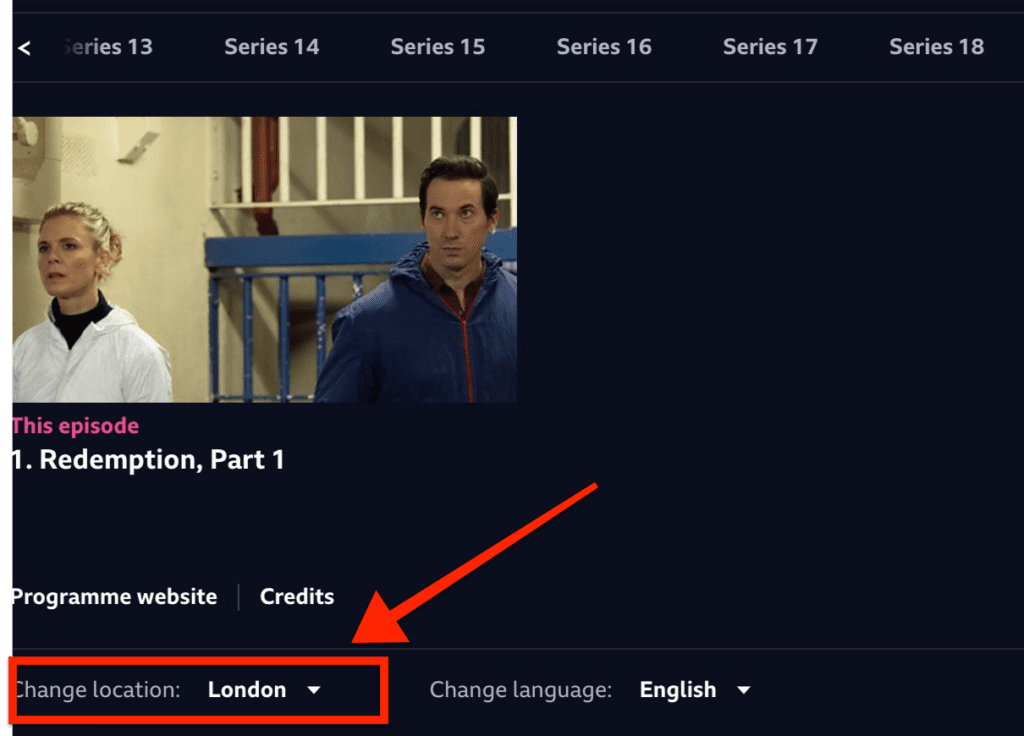 An episode of Redemption playing on BBC iPlayer via a masked London IP of ProtonVPN