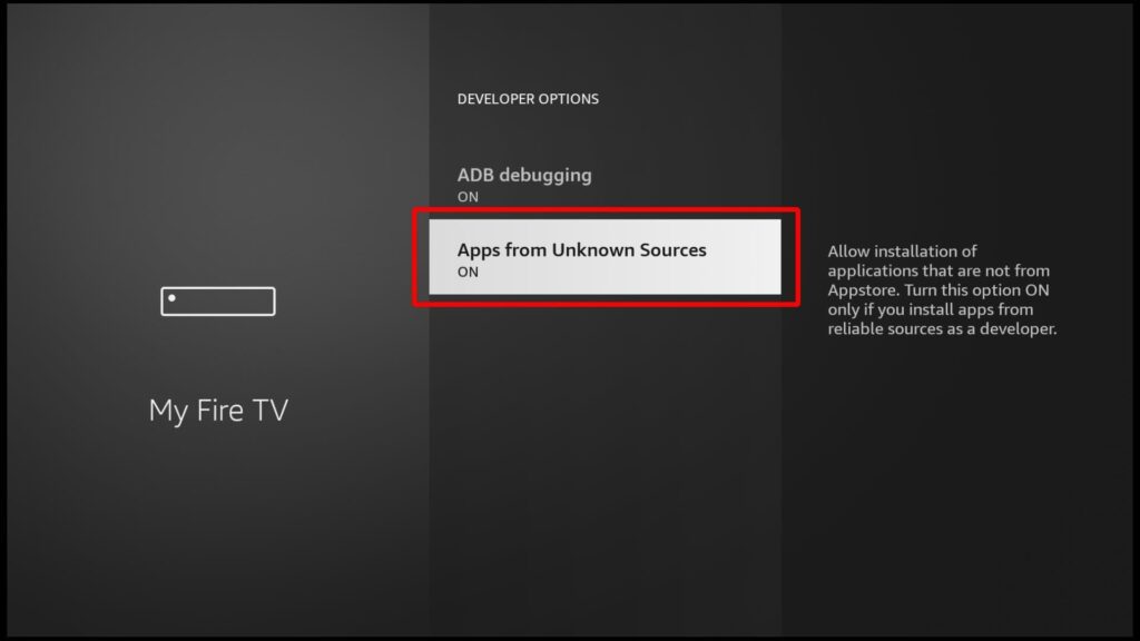 Apps from Unknown Sources categorized under Developer Options in My Fire TV settings