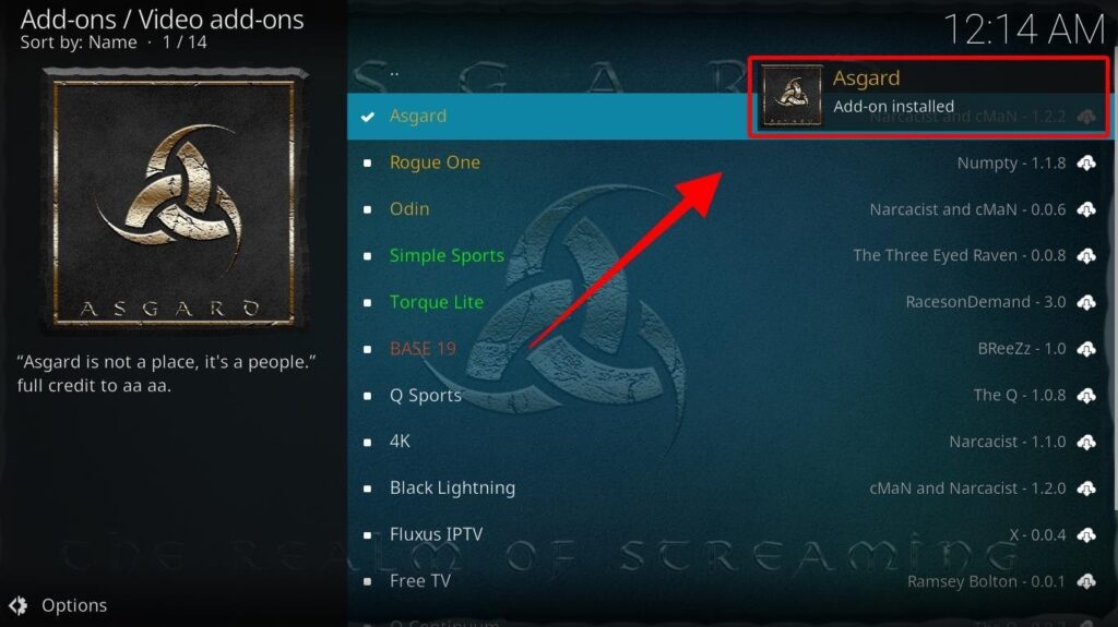 Asgard Kodi Addon successful installation notification