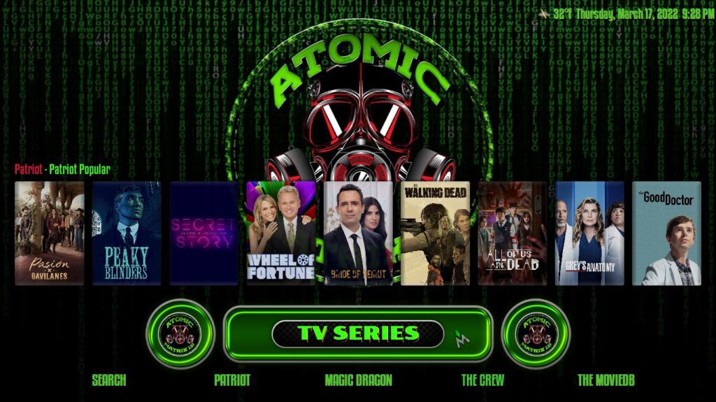 Atomic Matrix Main Menu TV Shows Section