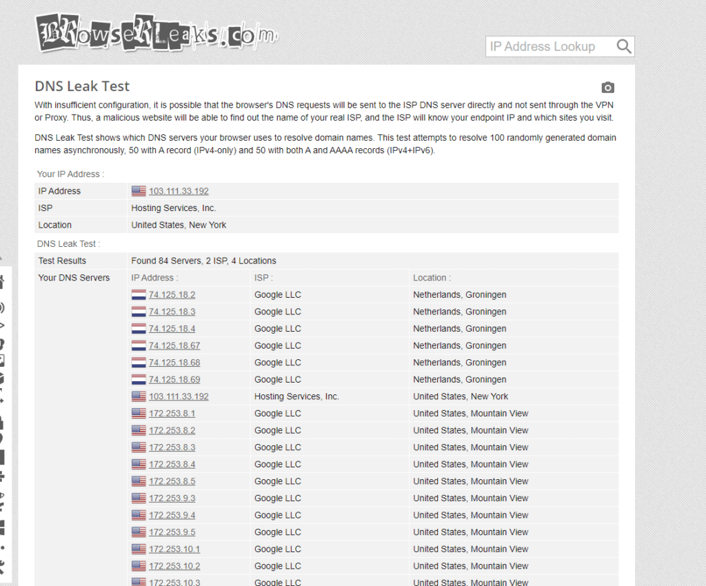 Checking DNS leaks Test