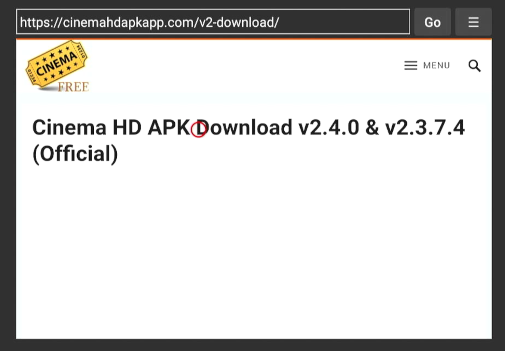 Cinema HD APK app website on the Downloader browser screen