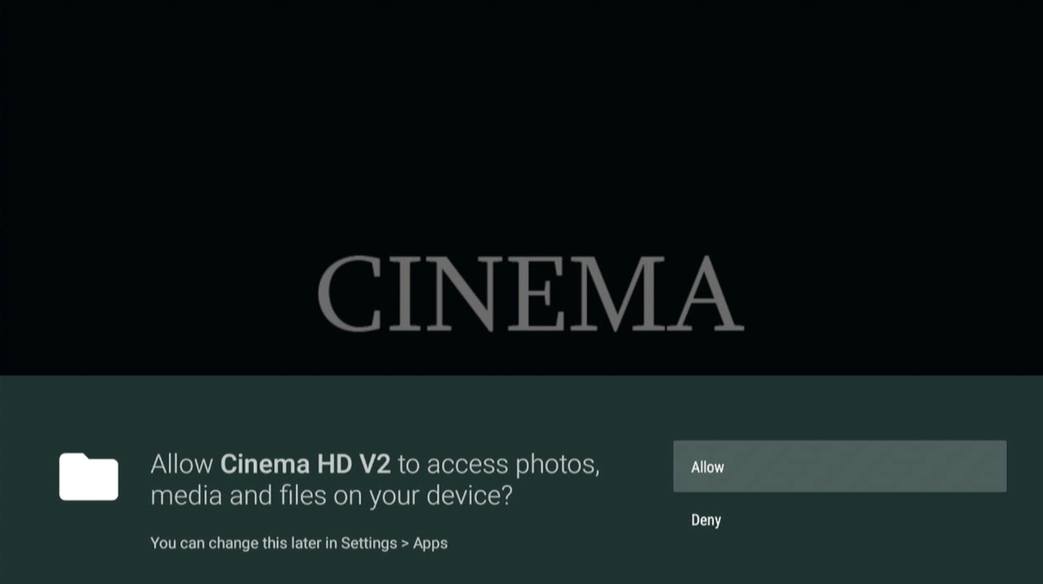 Cinema HD welcome screen with allow permissions pop up