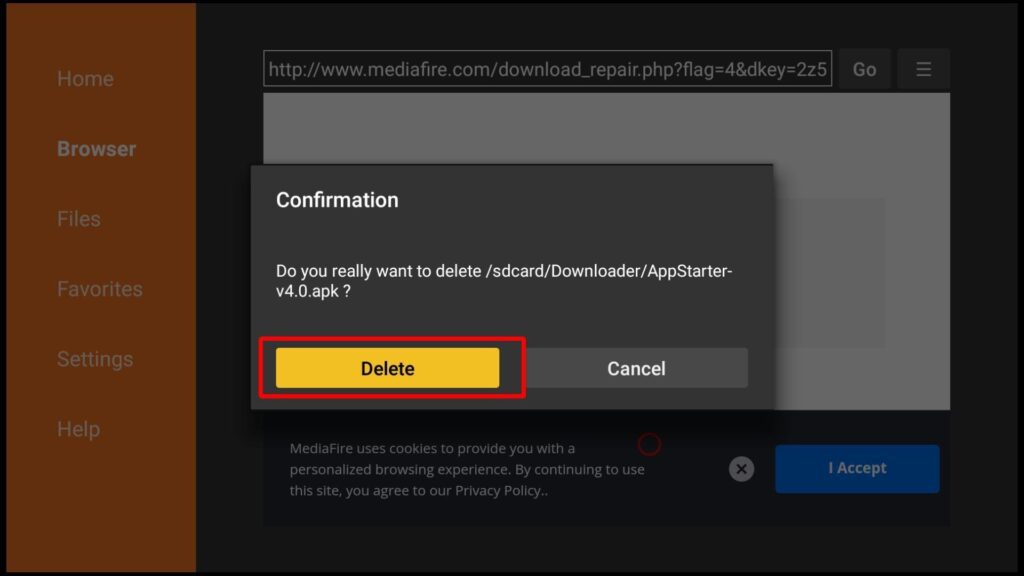 Confirmation dialog box has Delete and Cancel buttons to delete /sdcard/Downloader/AppStarter-v4.0 apk